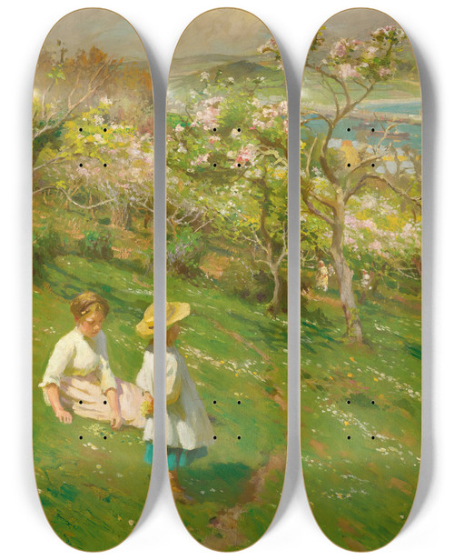 Triptych art skateboard deck of Harold Harvey Springtime In The Orchard by Harold Harvey (1874-1941)