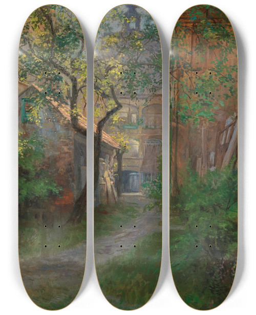 Triptych art skateboard deck of Anton Mller Ulrichshof In The Josefstadt District by Anton Moller (1853-1897)