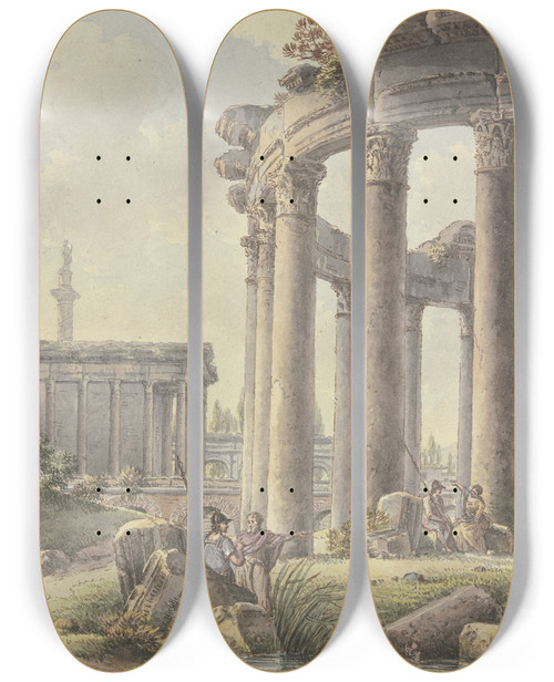 Triptych art skateboard deck of Victorjean Nicolle Architektonisches Capriccio Ruinen Eines Rundtempels Im Hintergrund Die Trajansule_2 by Victor-Jean Nicolle (1754-1826)
