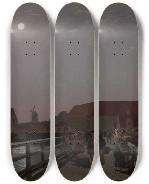 Triptych art skateboard deck of Christoffer Wilhelm Eckersberg Langebro Copenhagen In The Moonlight With Running Figures by Christoffer Wilhelm Eckersberg (1783-1853)