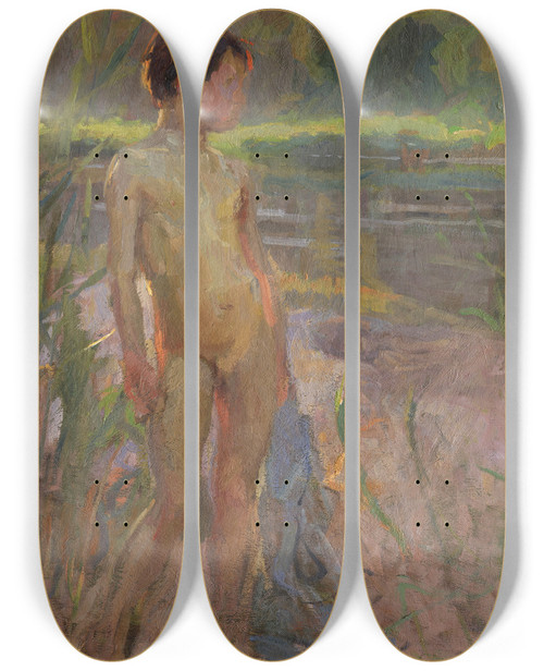 Triptych art skateboard deck of Christian Landenberger Badender Bub An Der Donau by Christian Landenberger (1862-1927)
