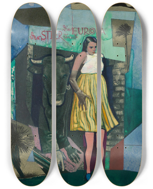 Triptych art skateboard deck of Karl Wiener Der Stier Und Die Europa by Karl Wiener (1901-1949)