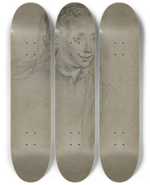 Triptych art skateboard deck of Ottavio Leoni Young Woman With Braided Hair And A Veil by Ottavio Leoni (1578-1630)