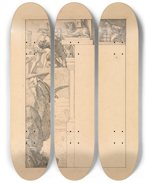 Triptych art skateboard deck of Julius Schnorr Von Carolsfeld Siegfried Battles With The Gatekeeper As Alberich Approaches by Julius Schnorr Von Carolsfeld (1794-1872)