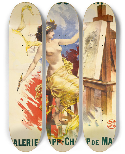 Triptych art skateboard deck of Jean De Paleologue Exposition Du Centenaire De La Lithographie Galerie Rapp Champ De Mars by Jean de Paleologue (1855-1942)