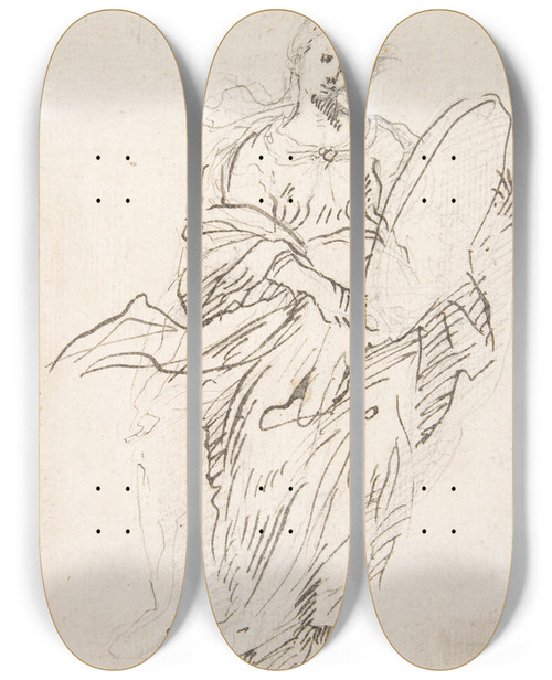 Triptych art skateboard deck of Pedro Duque Y Cornejo Standing Female Figure With Large Medallion by Pedro Duque Y Cornejo (1677-1757)