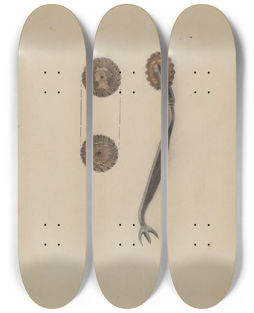 Triptych art skateboard deck of Samuel O Klein Pie Crust Crimper by Samuel O Klein
