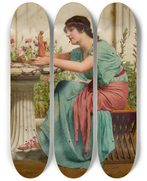 Triptych art skateboard deck of John William Godward A Dilettante by John William Godward (1861-1922)