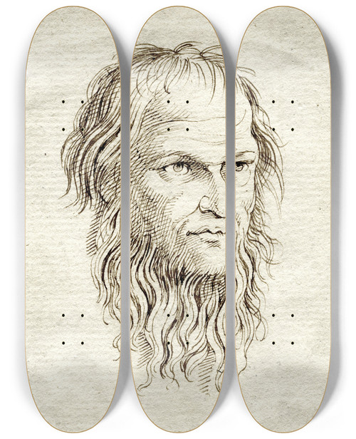 Triptych art skateboard deck of David Humbert De Superville Kop Van Bebaarde Jaarde Man Wellicht Luthers Vader by David Humbert De Superville (1770-1849)
