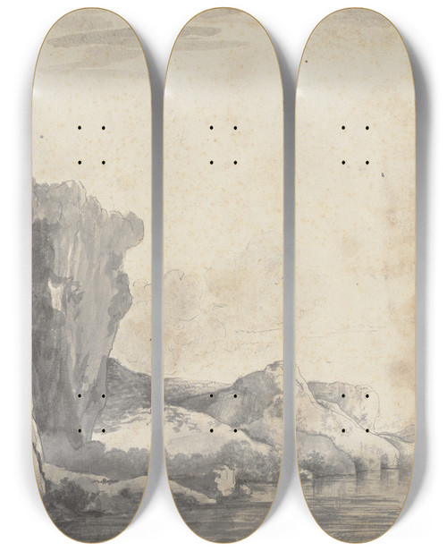 Triptych art skateboard deck of Jacob Van Ruisdael Rock Section By The Water by Jacob Van Ruisdael (1628-1682)