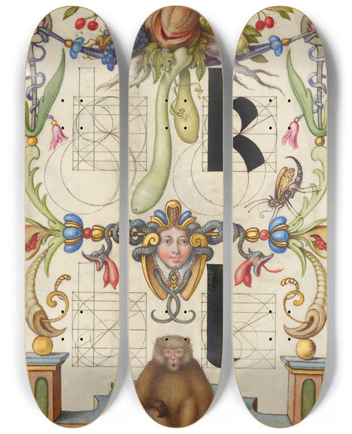 Triptych art skateboard deck of Joris Hoefnagel Guide For Constructing The Letters K And L by Joris Hoefnagel (1542-1600)