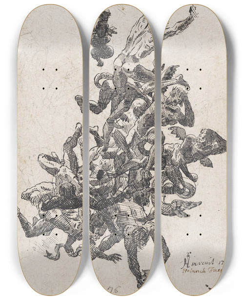 Triptych art skateboard deck of Henry Fuseli Fall Of Hell From The Damned by Henry Fuseli (1741-1825)