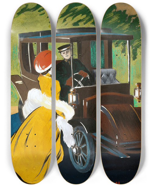 Triptych art skateboard deck of Leonetto Cappiello Projet Daffiche Pour Les Automobiles Charron by Leonetto Cappiello (1875-1942)
