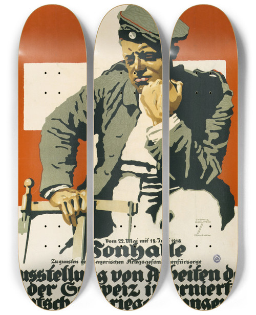 Triptych art skateboard deck of Ludwig Hohlwein Tonhalle Ausstellung Von Arbeiten Der In Der Schweiz Internierten Deutschen Kriegsgefangenen by Ludwig Hohlwein (1874-1949)