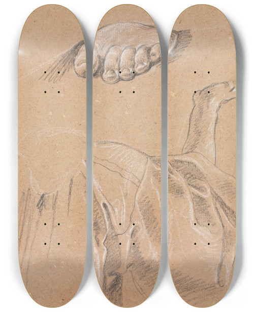 Triptych art skateboard deck of Francesco Lorenzi Study Of A Left Foot And Drapery Study With Right Arm by Francesco Lorenzi (1723-1787)