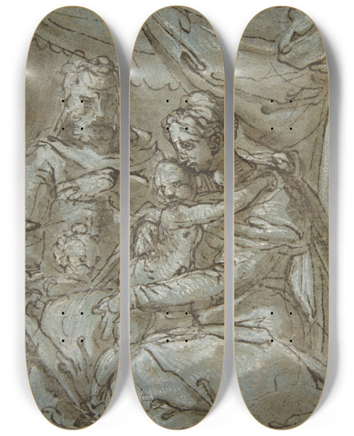 Triptych art skateboard deck of Girolamo Siciolante Da Sermoneta The Holy Family With The Infant Baptist by Girolamo Siciolante Da Sermoneta (1521-1580)