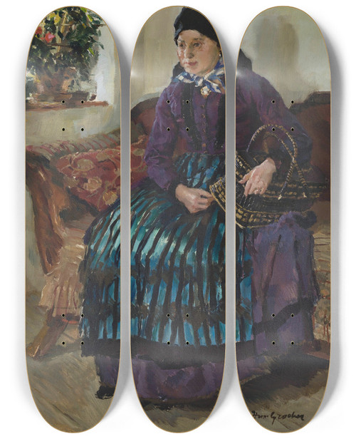 Triptych art skateboard deck of Hermann Groeber Junge Buerin Am Fenster by Hermann Groeber