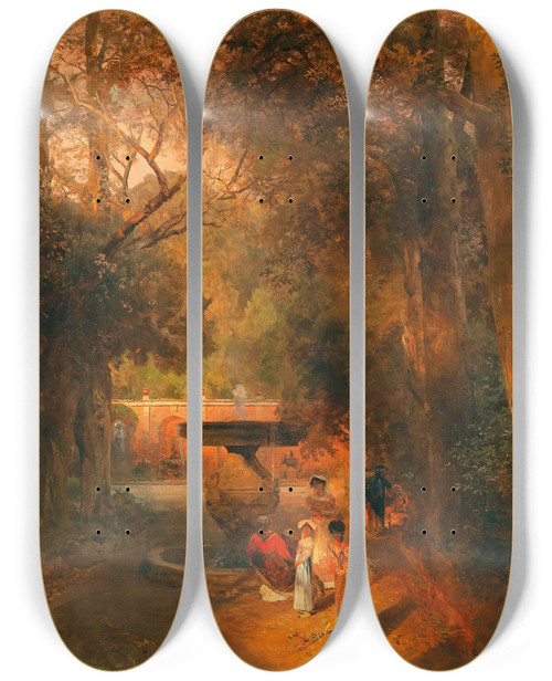 Triptych art skateboard deck of Oswald Achenbach In The Park By The Fountain Of Villa Torlonia In Frascati Near Rome by Oswald Achenbach (1827-1905)