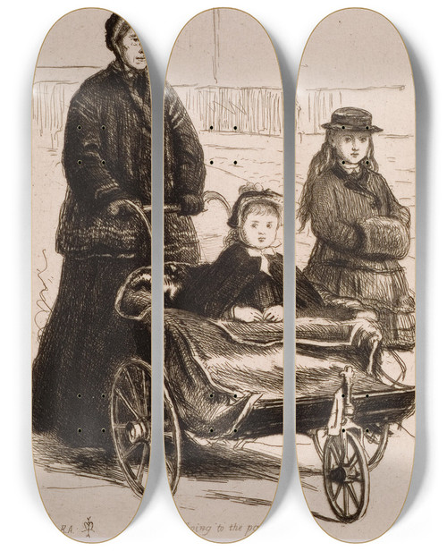 Triptych art skateboard deck of Sir John Everett Millais Going To The Park by Sir John Everett Millais (1829-1896)
