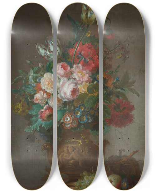 Triptych art skateboard deck of Willem Van Leen Still Life With Tulips And Peonies In A Vase On A Ledge With Fruit by Willem van Leen (1753-1825)
