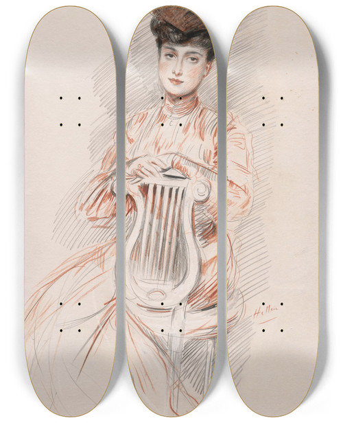 Triptych art skateboard deck of Paul Csar Helleu Lgante La Chaise Lyre by Paul Cesar Helleu (1859-1927)