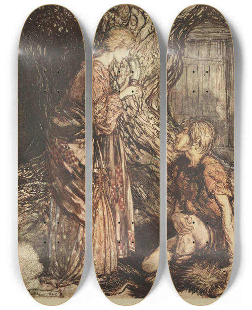 Triptych art skateboard deck of Arthur Rackham This Healing And Honeyed Draught Of Meaddeign To Accept From Me Set It First To Thy Lips by Arthur Rackham (1867-1939)