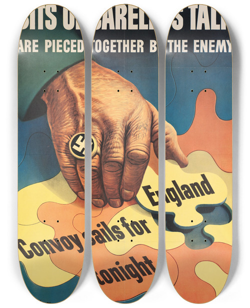 Triptych art skateboard deck of Stevan Dohanos Bits Of Careless Talk Are Pieced Together By The Enemy by Stevan Dohanos (1907-1995)