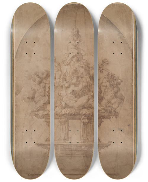 Triptych art skateboard deck of Giorgio Vasari Design For A Fountain With River Gods And Nymphs by Giorgio Vasari (1511-1574)