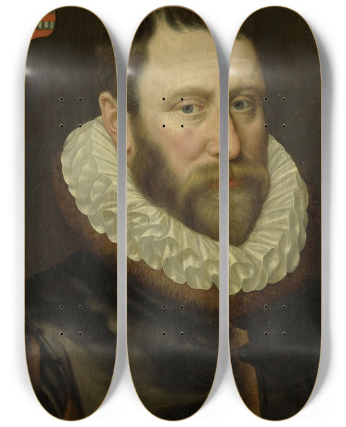 Triptych art skateboard deck of Adriaen Thomasz Key Portrait Of Jacob Bas Claesz 15361589 by Adriaen Thomasz Key (1544-1589)