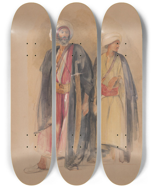 Triptych art skateboard deck of John Frederick Lewis Sheik Hussein Of Gebel Tor And His Son by John Frederick Lewis (1805-1876)