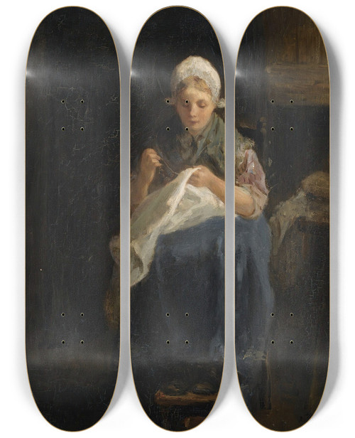 Triptych art skateboard deck of Jozef Israls A Peasant Girl Sewing by Jozef Israels (1824-1911)