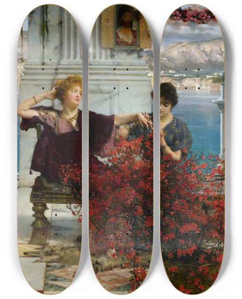 Triptych art skateboard deck of Lawrence Almatadema Loves Jewelled Fetter The Betrothal Ring by Lawrence Alma-Tadema (1836-1912)