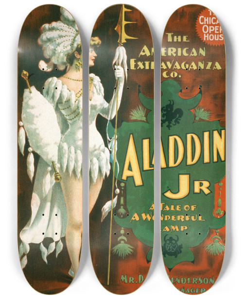 Triptych art skateboard deck of Strobridge Co Lith Aladdin Jr A Tale Of A Wonderful Lamp_2 by Strobridge Co Lith (1847)