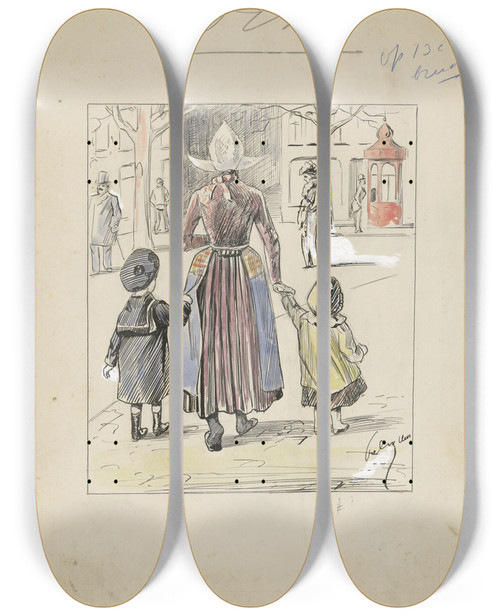 Triptych art skateboard deck of Felix Hess Straatgezicht Met Een Vrouw In Klederdracht En Twee Kinderen by Felix Hess (1878-1943)