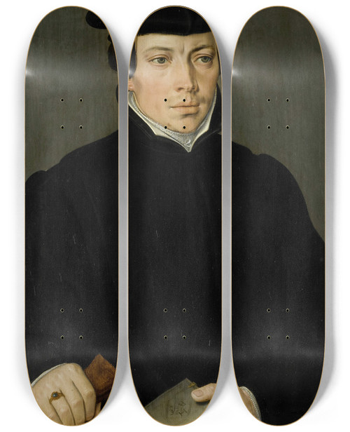 Triptych art skateboard deck of Pieter Pourbus Portrait Of A Young Minister by Pieter Pourbus (1523-1584)