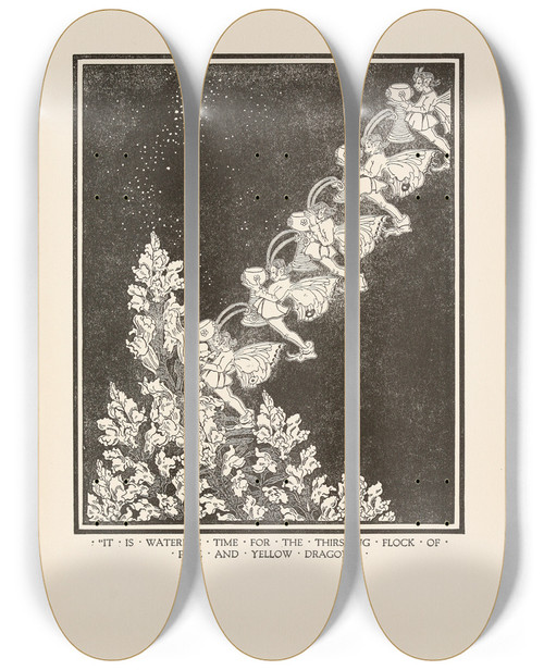Triptych art skateboard deck of Dugald Stewart Walker It Is Watering Time For The Thirsting Flock Of Pink And Yellow Dragons by Dugald Stewart Walker (1883-1937)