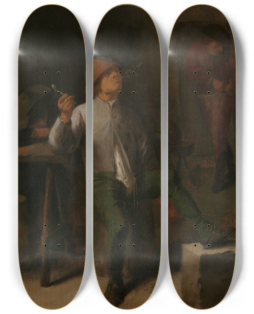 Triptych art skateboard deck of Adriaen Brouwer The Smoker by Adriaen Brouwer (1605-1638)