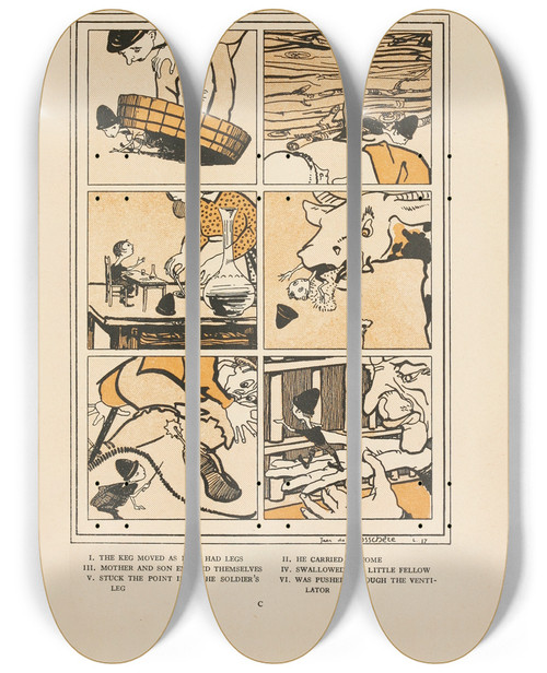 Triptych art skateboard deck of Jean De Bosschre The Keg Moved As If It Had Legs by Jean de Bosschre (1878-1953)