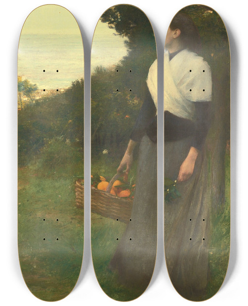 Triptych art skateboard deck of Pascaladolphejean Dagnanbouveret Young Woman In A Garden Of Oranges by Pascal-Adolphe-Jean Dagnan-Bouveret (1852-1929)