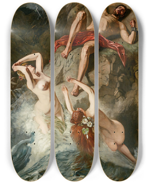 Triptych art skateboard deck of Wilhelm Trbner Prometheus Von Den Okeaniden Beklagt I by Wilhelm Trubner (1851-1917)