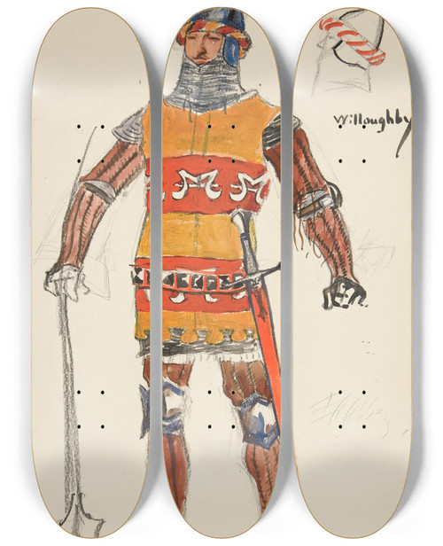 Triptych art skateboard deck of Edwin Austin Abbey Willoughby Costume Sketch For Henry Irvings Planned Production Of King Richard Ii_1 by Edwin Austin Abbey (1852-1911)