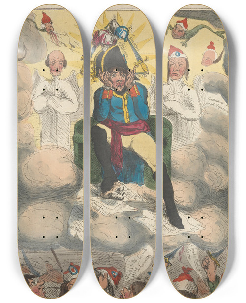 Triptych art skateboard deck of John Cawse Satans Return From Earth Discovered In Council With Belzebub And Belial A Sketch After Fuseli by John Cawse