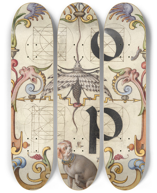 Triptych art skateboard deck of Joris Hoefnagel Guide For Constructing The Letters O And P by Joris Hoefnagel (1542-1600)