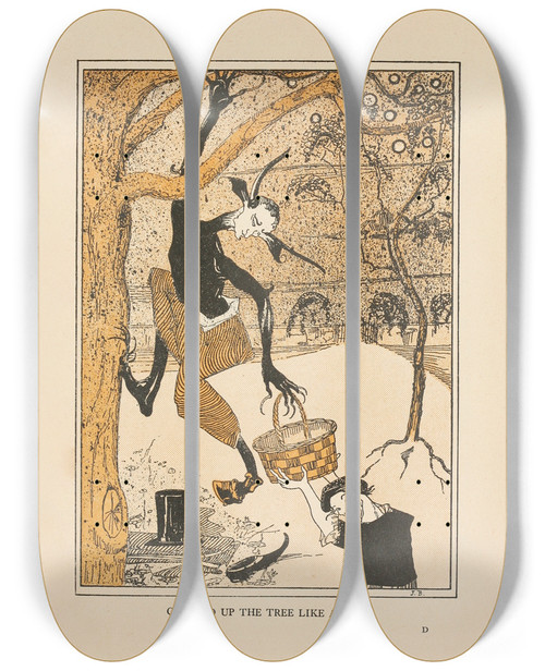 Triptych art skateboard deck of Jean De Bosschre Climbed Up The Tree Like A Cat by Jean de Bosschre (1878-1953)