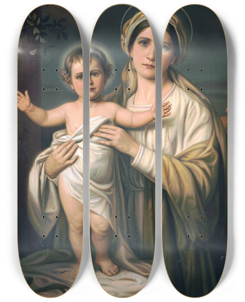 Triptych art skateboard deck of F Doubek Virgin Mary Holding Baby Jesus by F Doubek (1865-1945)