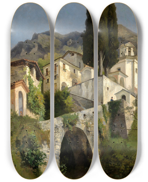 Triptych art skateboard deck of Edmund Kanoldt Sta Maria Della Pace In Nobiallo by Edmund Kanoldt (1845-1904)