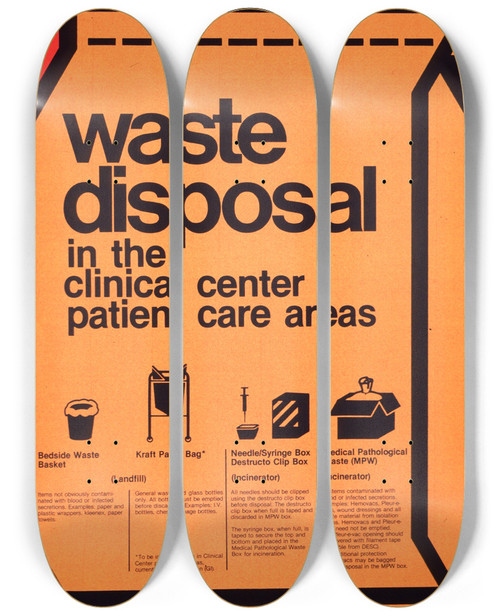 Triptych art skateboard deck of National Institutes Of Health Waste Disposal In The Clinical Center Patient Care Areas by National Institutes Of Health (1887)