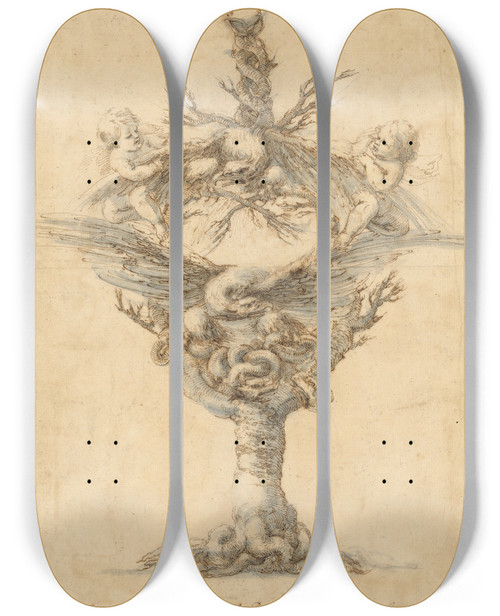 Triptych art skateboard deck of Stefano Della Bella Design For An Ewer by Stefano Della Bella (1610-1664)