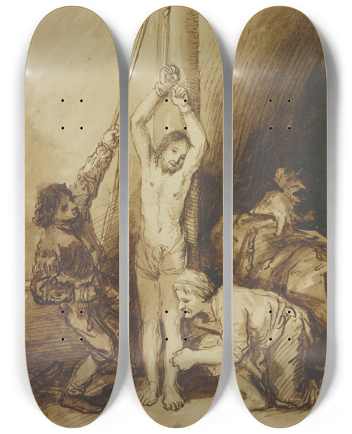 Triptych art skateboard deck of Christian Wilhelm Ernst Dietrich Christus An Der Martersule In Der Manier Rembrandts by Christian Wilhelm Ernst Dietrich (1712-1774)