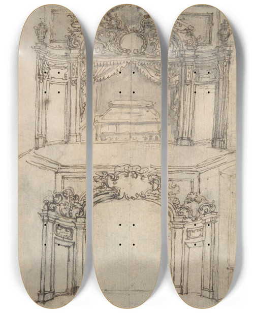 Triptych art skateboard deck of Giovanni Battista Foggini Designs For Bed Alcoves by Giovanni Battista Foggini (1652-1725)
